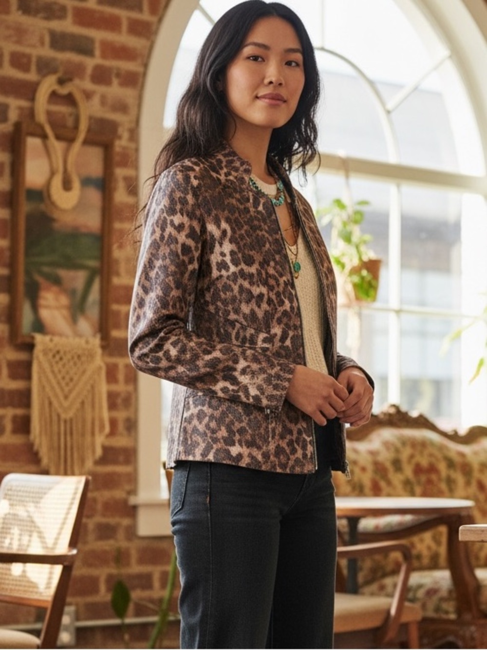 Clara Sun Woo Leopard Print Jacket S M Full Zip Motto Casual Chic Statement